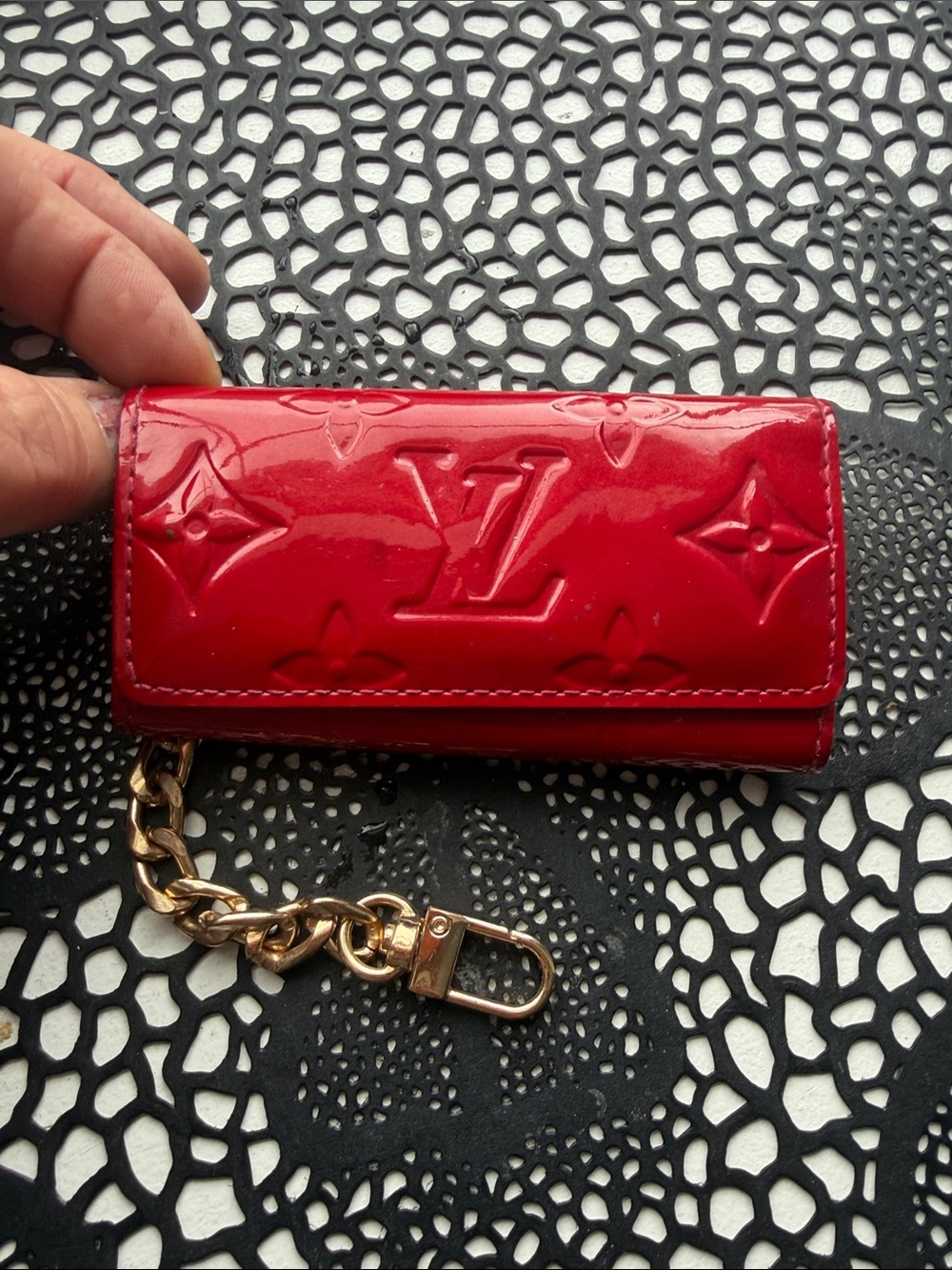 Louis Vuitton Vernis Red Patent Key Case with Gold Chain